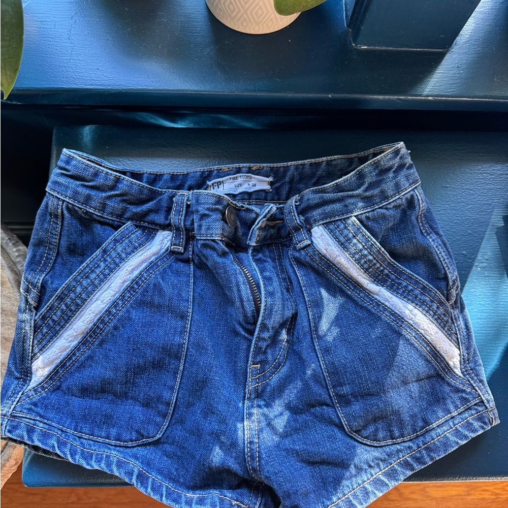 Free People Blue Denim Shorts with Cream Details